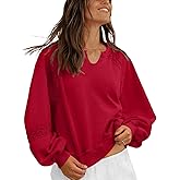 MAOECO Womens Oversized Sweatshirts V Neck Lace Crochet Lantern Long Sleeve Pullover Cropped Tops Fall Outfits Clothes