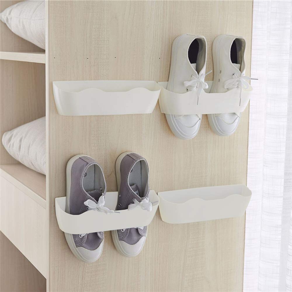 Yocice Wall Mounted Shoes Rack 4pcs with 12pcs Sticky Hanging Strips, Plastic Shoes Holder Storage Organizer,Door Shoe Hangers (White- SM02(4PCS))