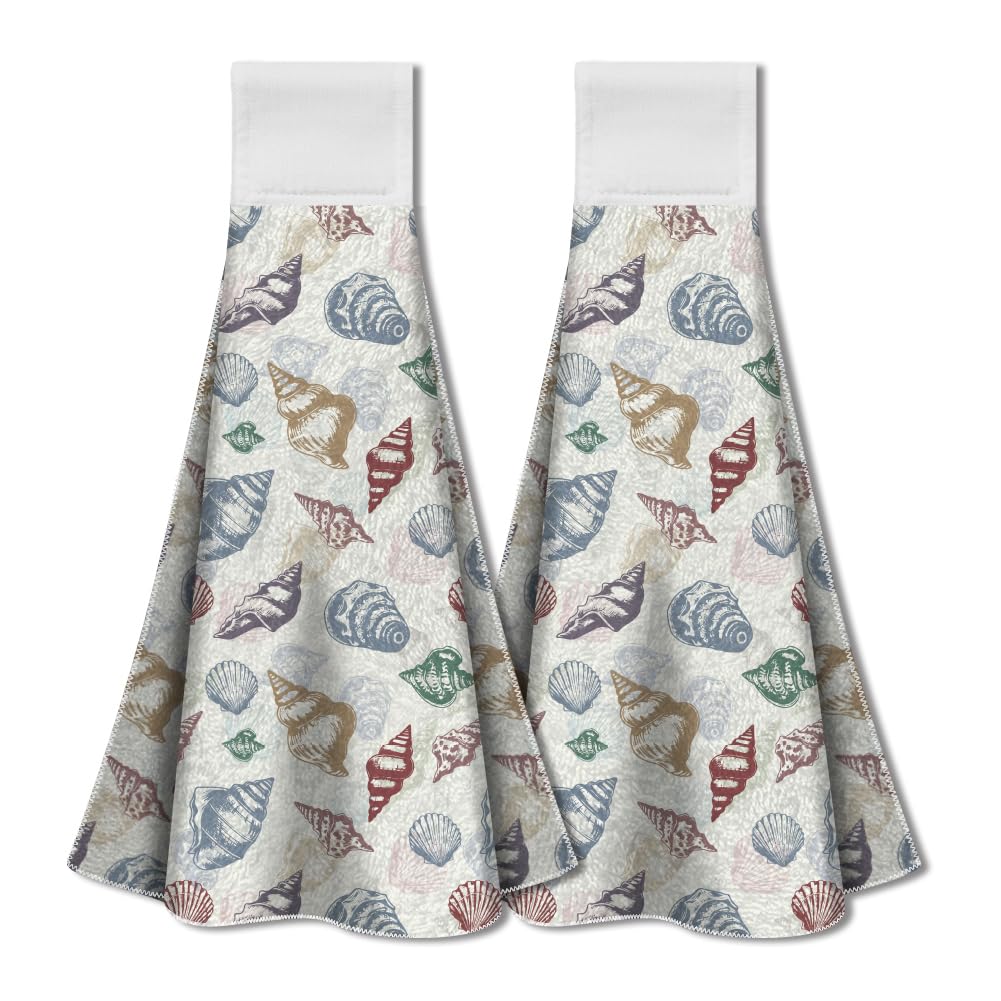 WADORN 2Pcs Conch Seashell Kitchen Hanging Kitchen Towel, Seashells Pattern Hanging Towel with Loop for Kitchen Sets Conch Design Absorbent Towels for Washroom Home Bathroom, 13.5x12.4 Inch