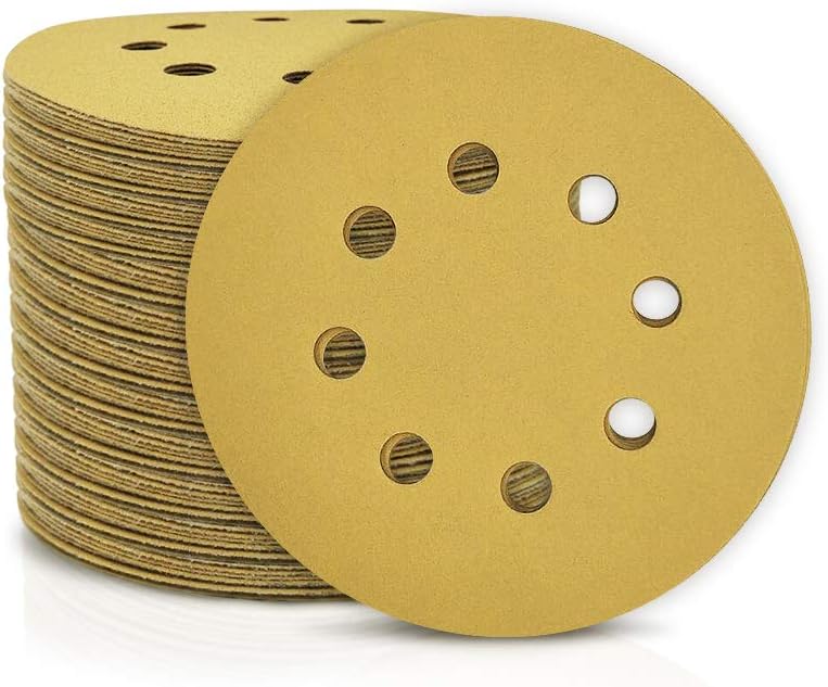 SPEEDWOX 100 Pcs 5 Inches 8 Hole Sanding Discs 220 Grit Dustless Hook and Loop Sandpaper for Random Orbital Sander Yellow Finishing Discs for Automotive Woodworking