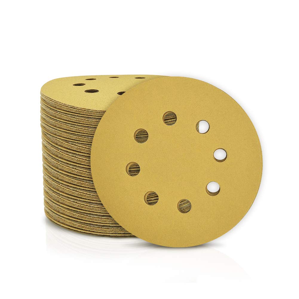 SPEEDWOX 100 Pcs 5 Inches 8 Hole Sanding Discs 220 Grit Dustless Hook and Loop Sandpaper for Random Orbital Sander Yellow Finishing Discs for Automotive Woodworking