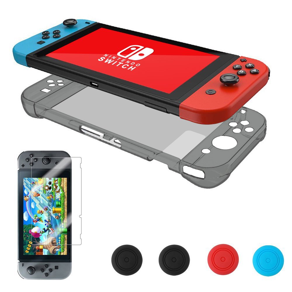 Vorida Case Compatible for Nintendo Switch, Crystal Case Hard Back Clear Cover Anti-Scratch & Shock-Absorption 9H Tempered Glass Screen Protector + Joy Con Grip Caps (Grey)