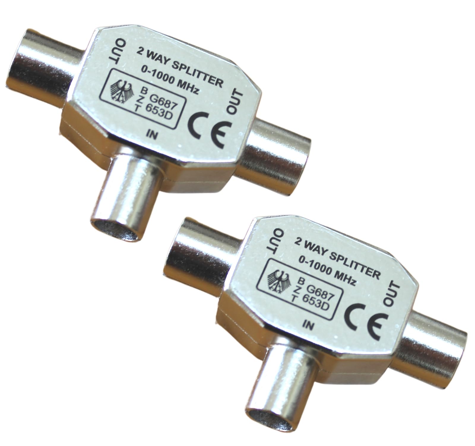 2-Way Aerial Coaxial Cable Splitter - Relloh Digital TV Aerial Splitter Male to 2 Female Aerial Connectors Shielded Metal Housing, Compatible with Cable TV Antenna (2)