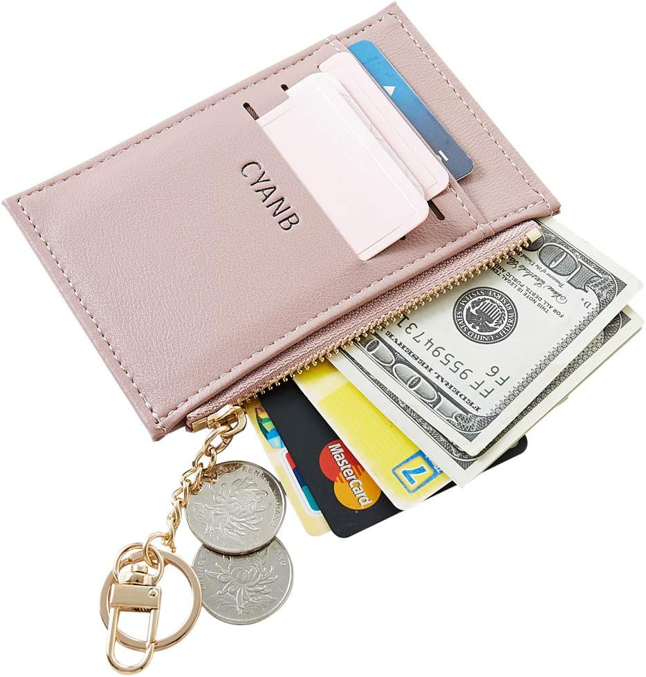 Cyanb Slim Minimalist Soft leather Card Holder Front Pocket Wallets for Women Girls with Key chain