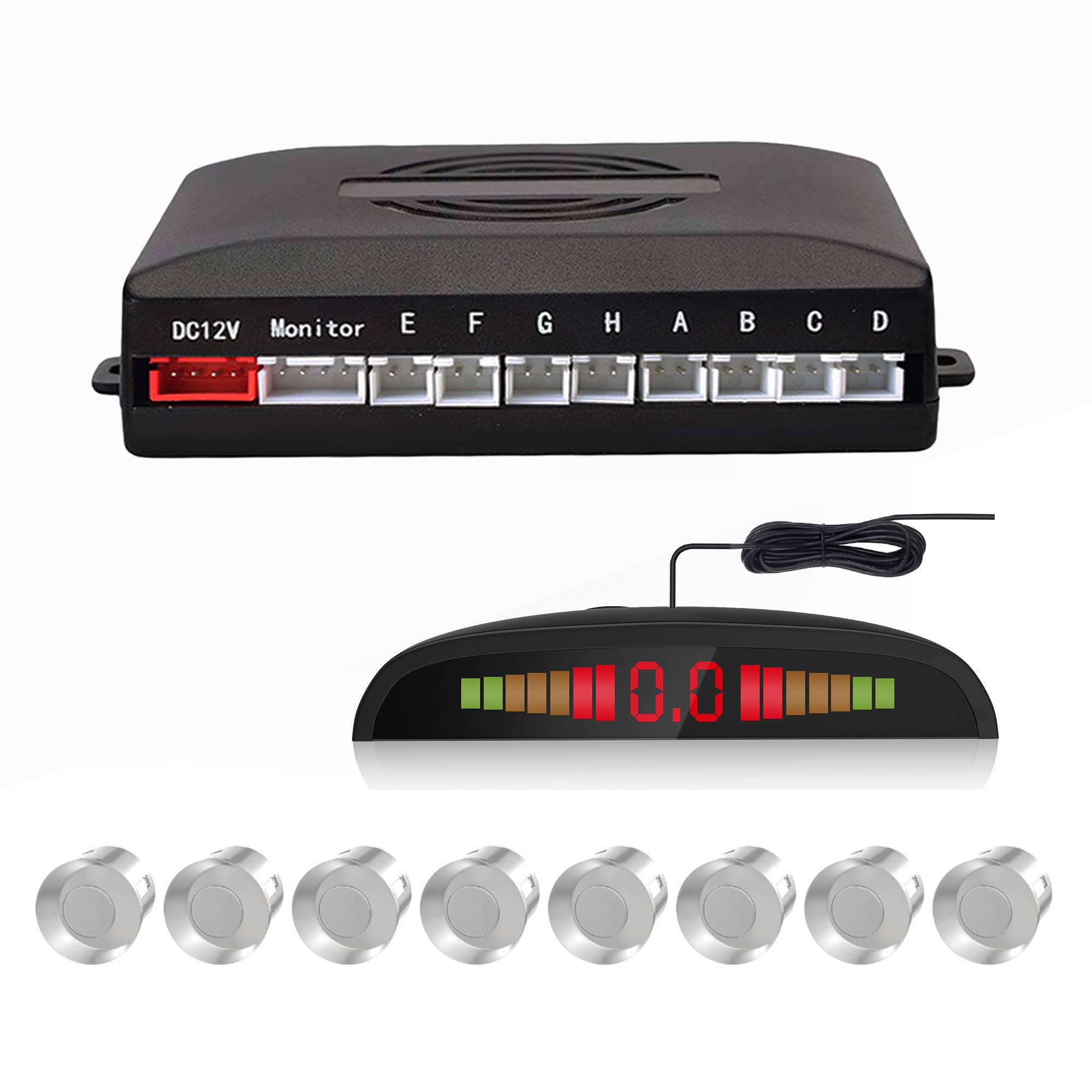Cocar Car Reverse Parking Radar System with 8 Parking Sensors Distance Detection + LED Distance Display + Sound Warning (Silver Color)
