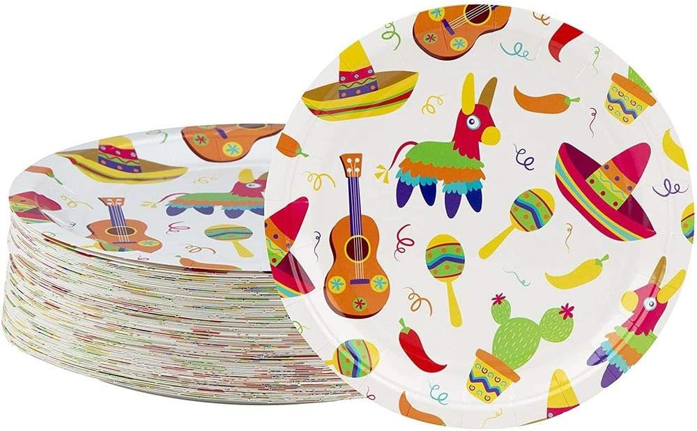 BLUE PANDA Mexican Fiesta Paper Plates - 80-Pack 9-Inch - Colorful Printed Design & Sturdy Disposable for Taco Party Plates