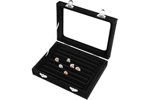 EONGOA Jewelry Box Rings Organizer Tray 7 Slots Velvet Jewelry Earring Storage Box With Transparent Lid Jewelry Display Case for Girls Women (Black)