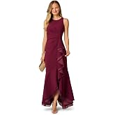 Adrianna Papell Ruffle Crepe Halter Gown | Sleeveless Formal Evening Gown with High Low Ruffle Skirt