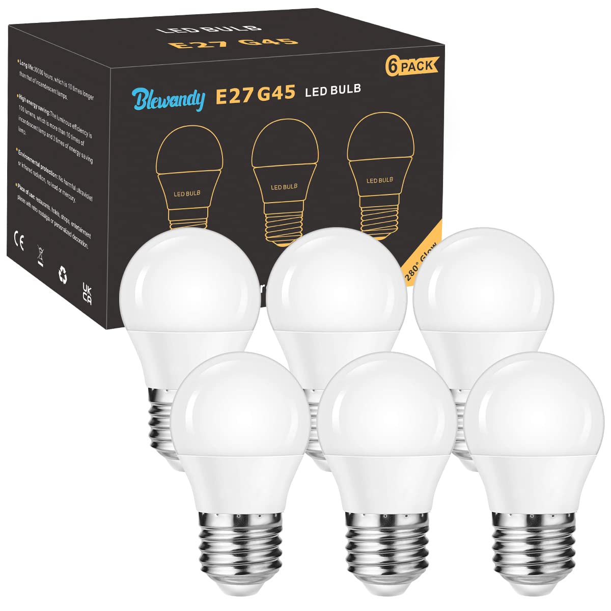 E27 LED Bulb 5W, E27 Edison Screw (ES) Bulbs Equivalent 40W Incandescent, 6500K Cool White 500LM G45 Golf Ball Energy Saving Light Bulbs, Not Dimmable No Flicker Lamps, 6 Pack