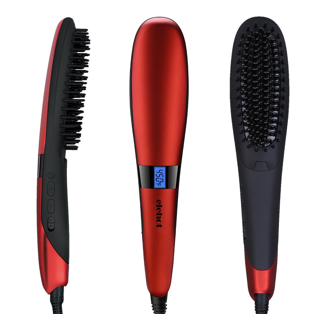 ELEHOT Electric Hair Straightening Brush Hair Straightener Comb (450℉/230°C Adjustable Temperature, Rapid Heating Technology, Suitable for 100V-240V, Anti-scald) (Red)