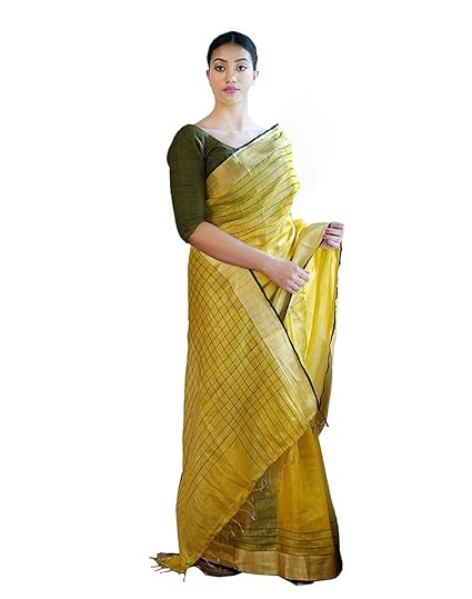 Womens Silk Linen Pure and Soft Saree with Blouse Piece (Yellow)
