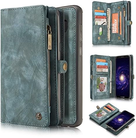 Galaxy S8 Leather Wallet Case Premium Retro Zipper Folio Flip Card Slots Cash Holder Case Purse With Detachable Magnetic Hard Cover For Samsung phone ( Blue )