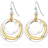 Mabor Two Tone Earrings for Women, Geometric Dangle Gold and Silver Three-Layer Drop Earrings, Low Allergenicity Lightweight Design