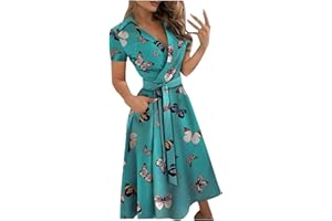GENERIC Maxi Dress for Women,2024 Summer Elegant Lapel V Neck Long/Short Sleeve Belt Office Dress,Flowy Ruched Beach Dress