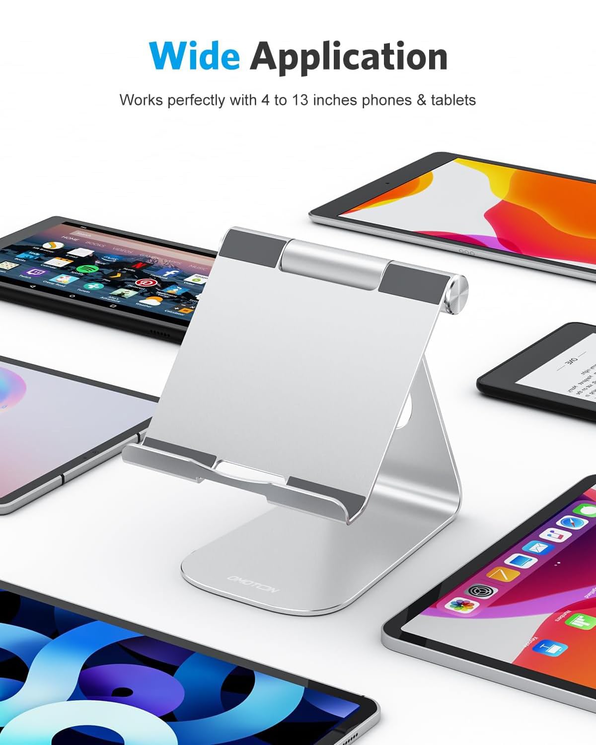 OMOTON Tablet Stand Holder Adjustable, T1 Desktop Aluminum Tablet Dock Cradle Compatible with iPad Air/Mini, iPad 10.2/9.7, iPad Pro 11/12.9/13, Samsung Tab and More Up to 13 inch, Silver