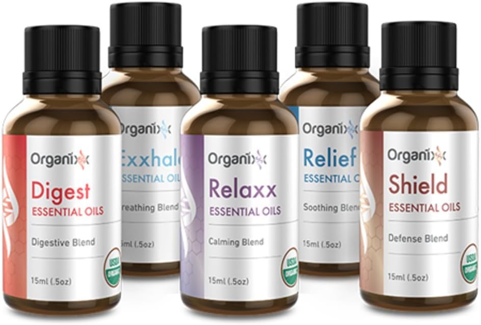 Organixx Essential Blends Kit of 5 Oils of Shield, Relief, Digest, Relaxx and Exxhale