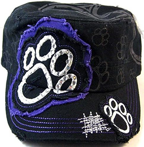 Paw Print Distressed Crystal Rhinestone Adjustable Military Cadet Cap (Black/Purple)