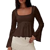 Cioatin Women Y2K Flowy Peplum Babydoll Tops Fall Outfits Long Sleeve Square Neck Sheer Floral Lace Ruffle Crop Tshirt Blouse