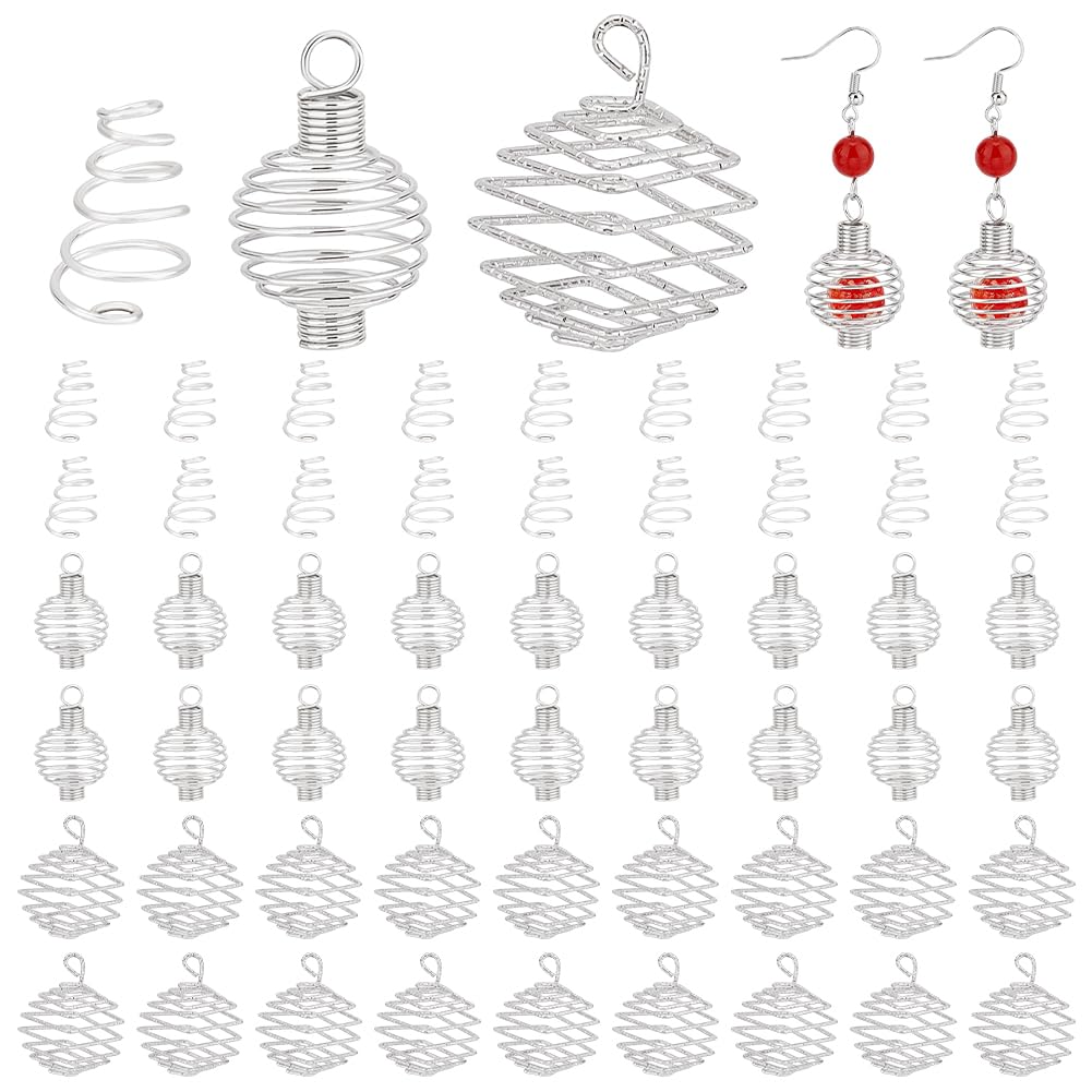 PH PandaHall 60pcs 3 Styles Spiral Bead Cage Pendants, Crystal Holder for 1cm Gemstones Beads Pearls Cage Charms for Necklace Earring Jewellery Making DIY Crafts Home Party Dector, Platinum