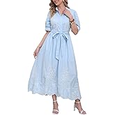utcoco Women's Embroidered Eyelet Shirt Dresses Belted Puff Sleeve Button Down Swing Boho Cotton Maxi Shirt Dress