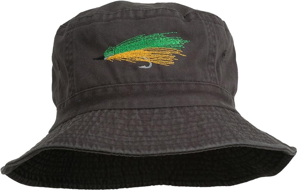 Fly Fishing Embroidered Washed Cotton Bucket Hat Charcoal