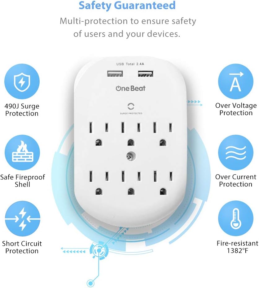 2 Pack 6-Outlet Wall Surge Protector, Multi Plug Outlet Extender, Outlet Wall Mount Adapter with 2 USB Charging Ports 2.4 A, 490 Joules, ETL UL Certifie for Home, School, Office: Electronics