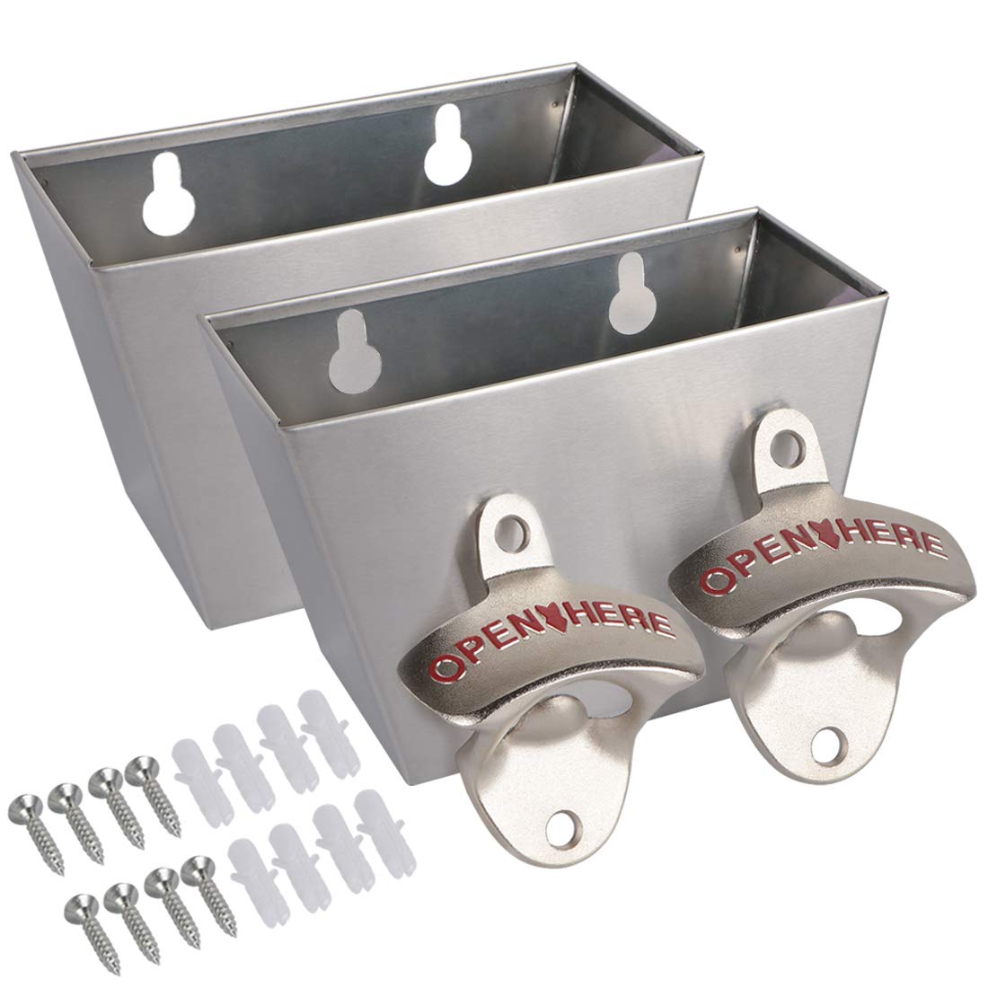 kilofly 2 Sets Beer Bottle Opener Cap Catcher Bucket Man Cave Gift Wall Mounted