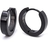 Pair Stainless Steel Hoop Huggy Earrings Black Silver-tone 16mm