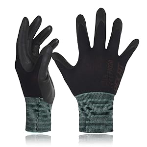 DEX FIT Black Nylon Work Gloves FN320, 3D Comfort Stretch Fit, Power Grip, Thin Lightweight, Durable Nitrile Foam Coating, Medium 3 Pairs Pack