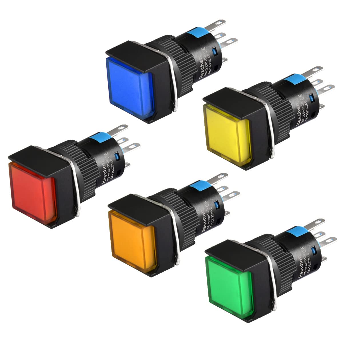 Heschen 16mm Square Latching Push Button Switch 1NO 1NC Red Blue Yellow Green Orange 12V LED Lamp