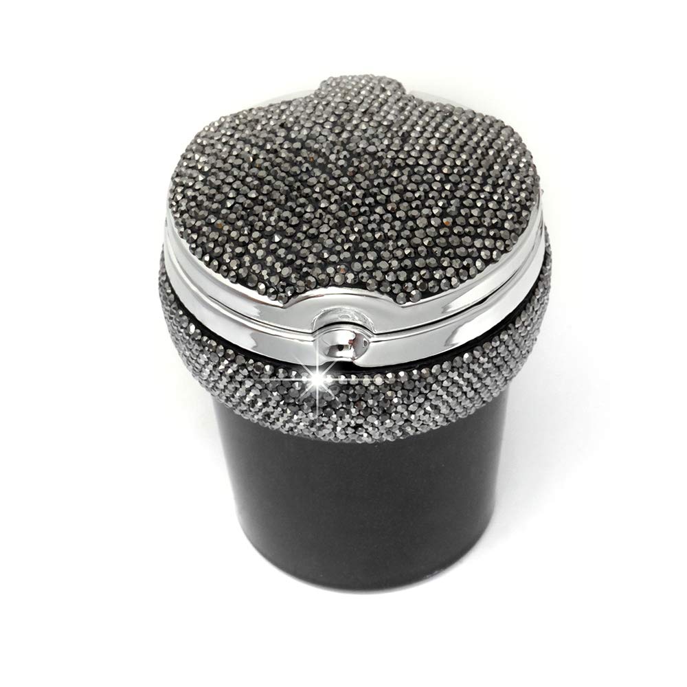 KKmoon Crystal Diamond Car Ashtray, Bling Portable Smokeless Stand Cylinder Cup Holder with Cool Blue Led Light Indicator,Black