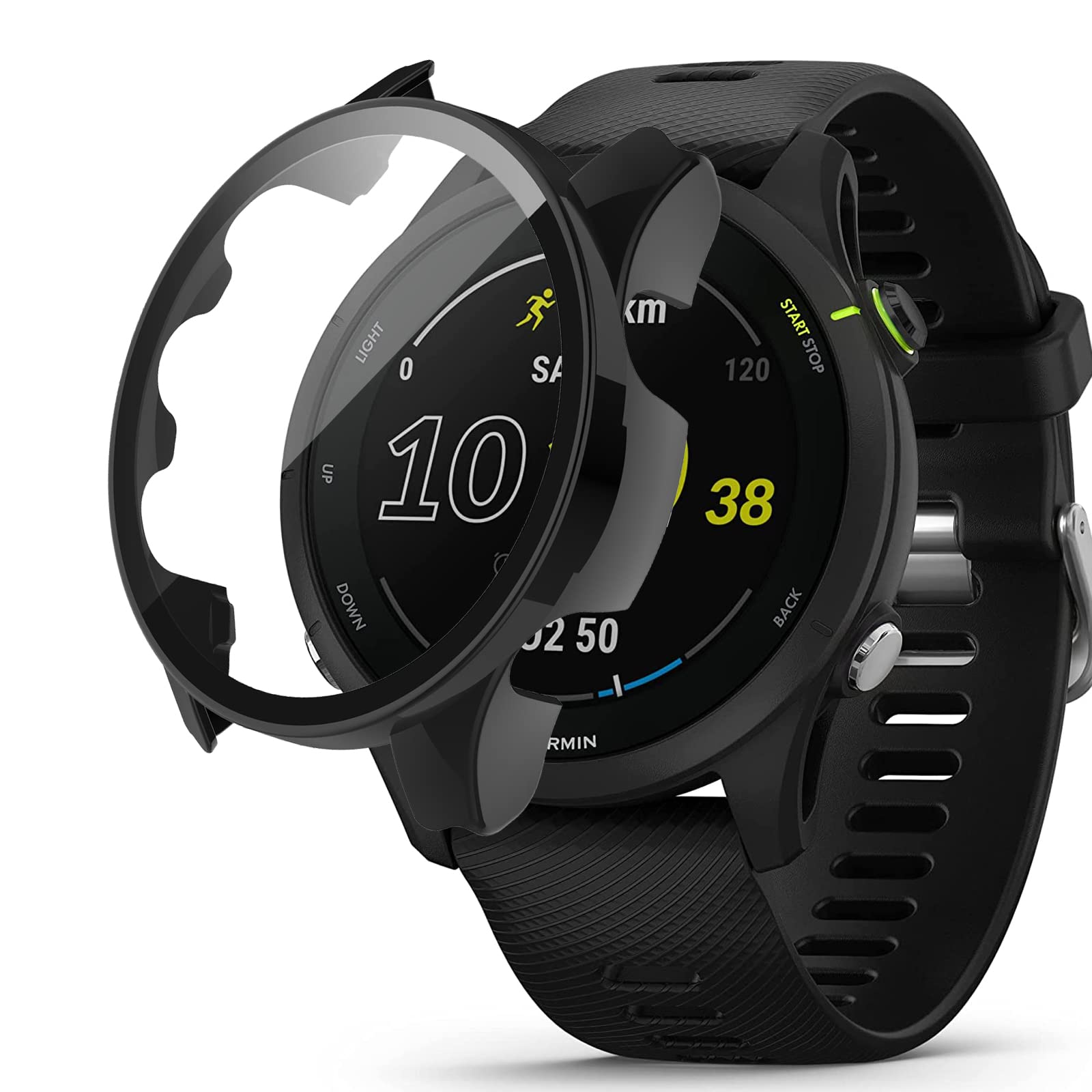 Hard Case for Garmin Forerunner® 255S, KZIOACSH Ultra Slim Fit Overall Protective Cover Touch Sensitive Anti-Scratch Frame Shockproof PC Bumper Case with Tempered Glass Screen Protector, Black