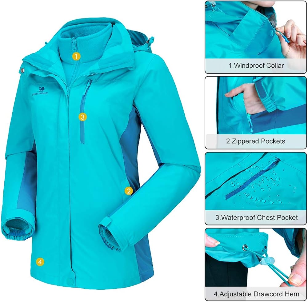 CAMEL CROWN Women's Waterproof Ski Jacket 3-in-1 Winter Coat Windbreaker Fleece Inner for Snow Rain Hiking Outdoor: Clothing
