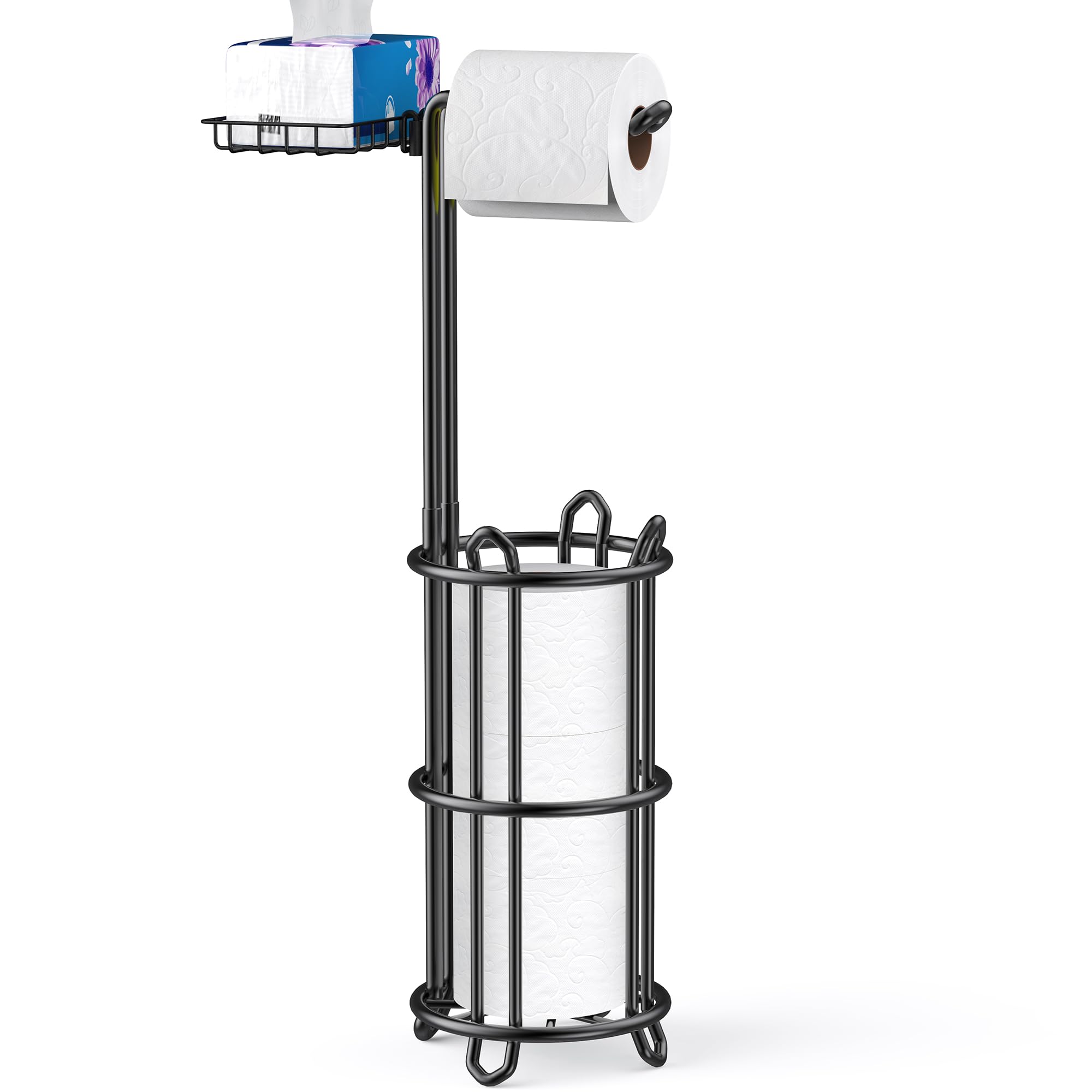 Photo 1 of Meangood Toilet Paper Holder Stand with Shelf, Dispenser for 4 Mega Rolls, Bathroom Free Standing Tissue Roll Storage Holder Rack, Metal Wire Black