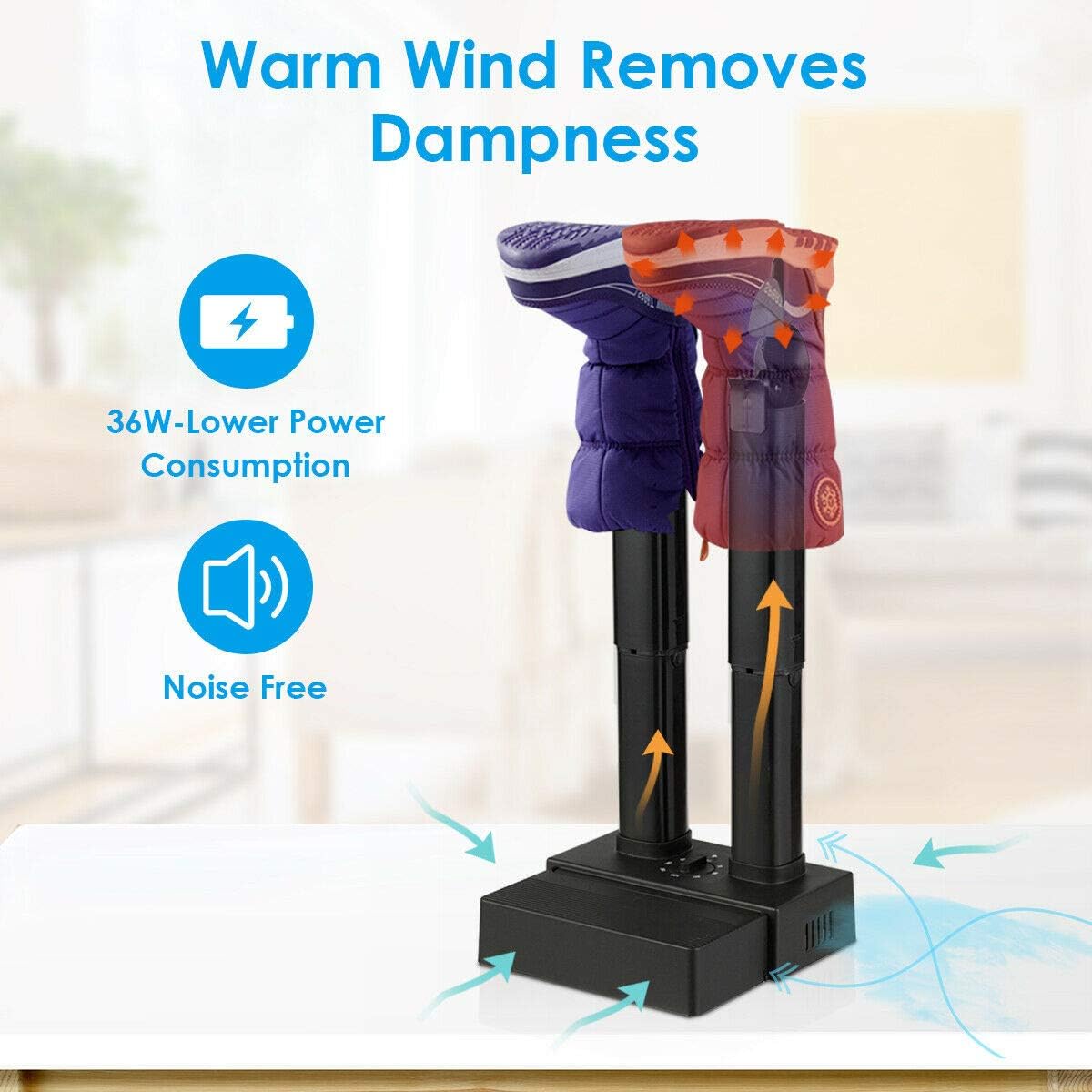COSTWAY Electric Shoes Dryer, Double Free-Retractable Drying Tubes Boot Dryer, Drying and Warming All Kinds of Footwear, Timer Knob & Power Indicator, Supporting 24 Hours Operation, ETL Certified: Shoes