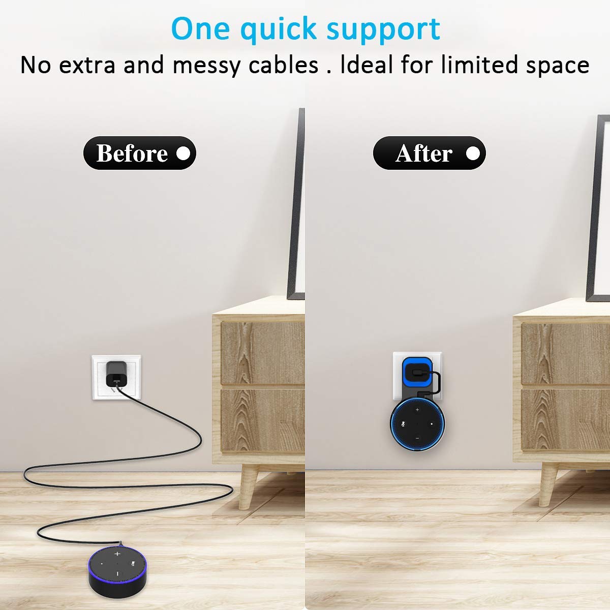 2 Packs Echo Dot Wall Mount Outlet Hanger - Idealife Speakers Holder for Echo Dot 2nd Generation Echo Dot Holder with Alexa Short Charging Cable, Space-Saving Speaker Hanger (Black)