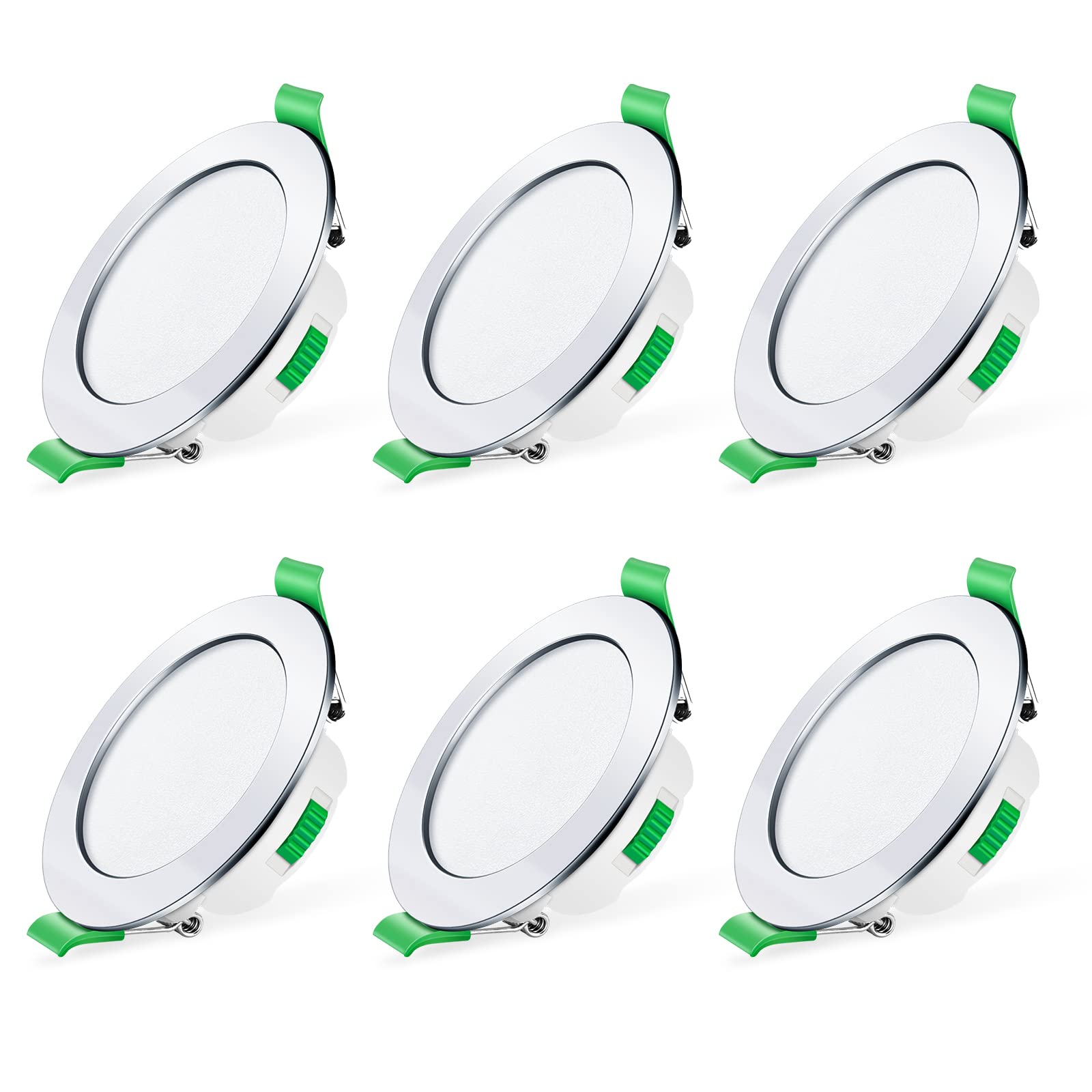 ALUSSO LED Downlights Dimmable 7W IP44 Slim Recessed Ceiling Lights, 3CCT 3000K Warm 4000K Neutral 6500K Cool Adjustable Bathroom Spotlights, Polished Chrome, 6 Pack