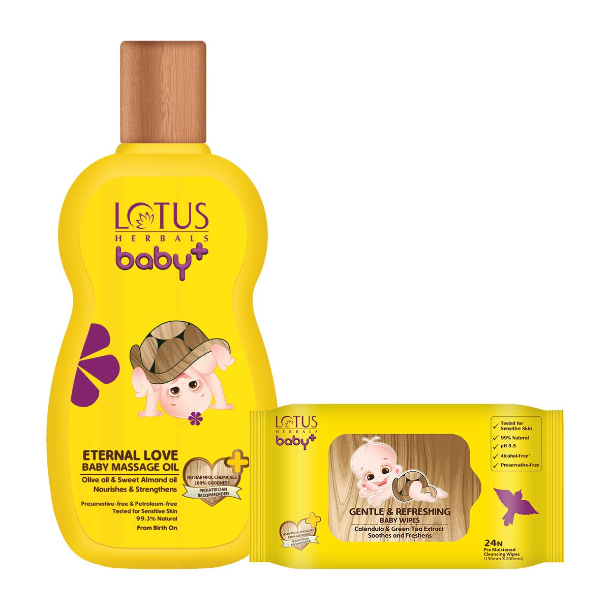 Lotus Herbals Eternal Love Baby Massage Oil & Gentle 200 ml and Refreshing Baby Wipes 24 Count