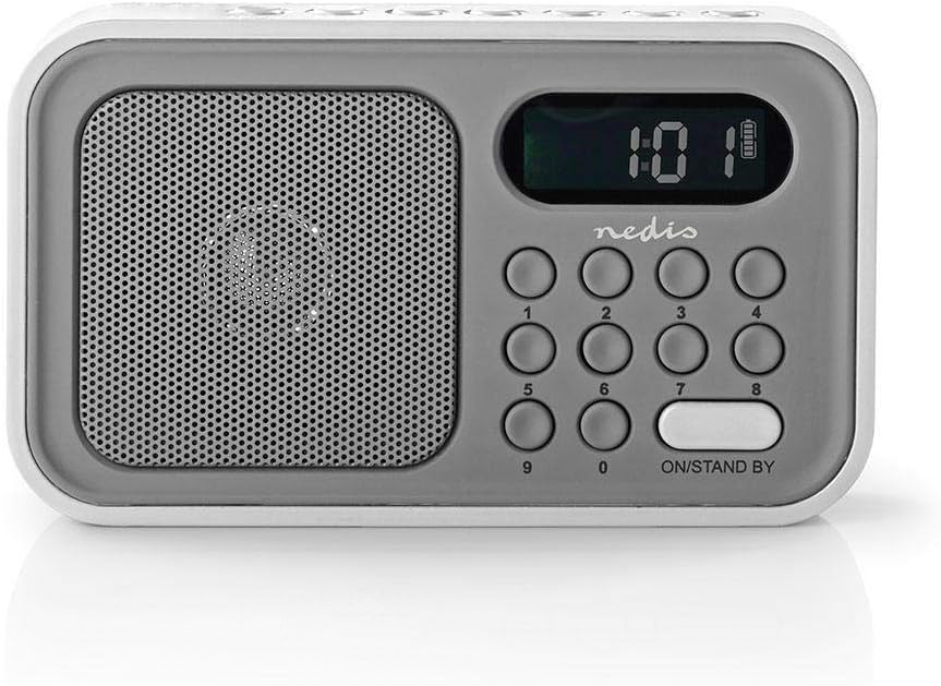 Nedis Radio Alarm Clock with 2.5h Play Time and Rechargeable Battery, FM Radio Receiver Portable with Headphones Output