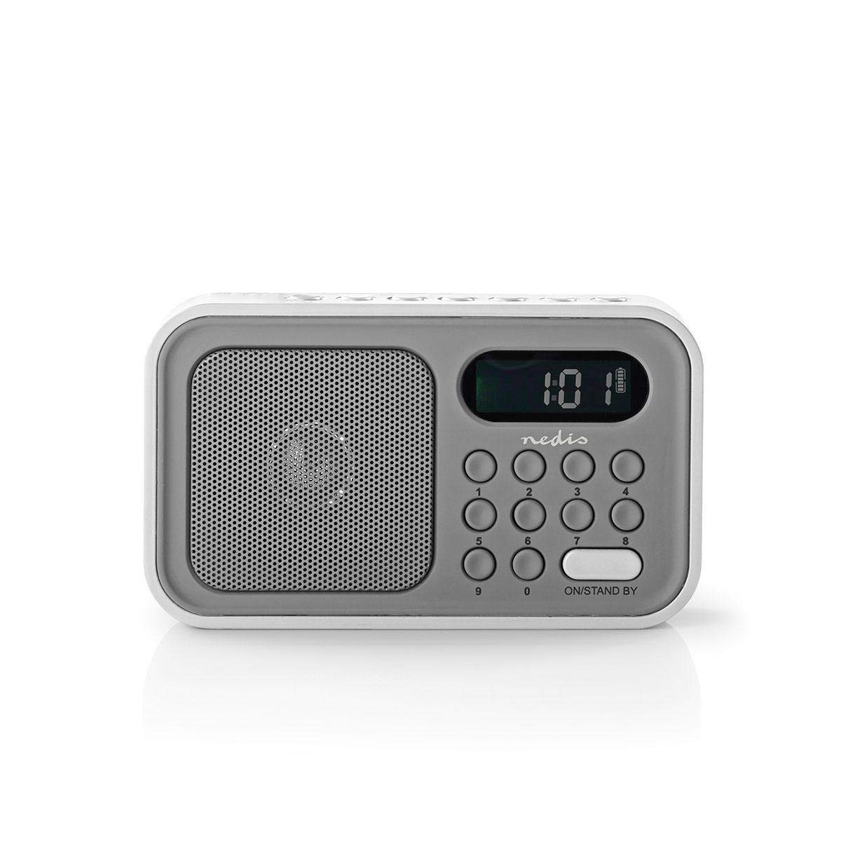 Nedis Radio Alarm Clock with 2.5h Play Time and Rechargeable Battery, FM Radio Receiver Portable with Headphones Output, LED Display and Aux, 2.1 W, Grey and White