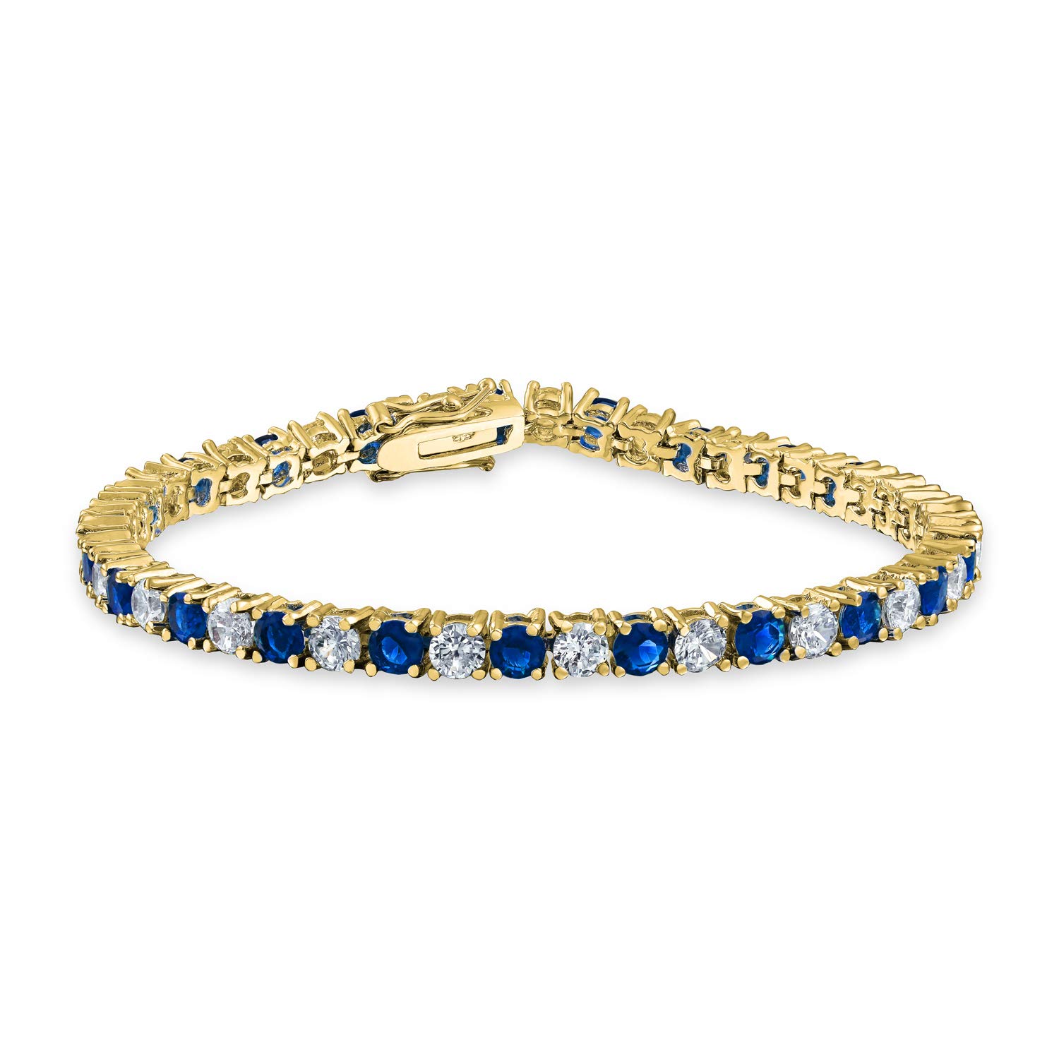 Bling Jewelry Blue White Alternating Simulated Sapphire Round Cubic Zirconia 12CTW 4 Prong Basket Set Solitaire AAA CZ Tennis Bracelet For Women Prom Bride Gold Plated 7.5 Inch