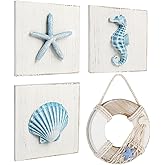 LotFancy Beach Wall Décor, 4 Pack, 3D Seashell, Starfish, Seahorse and Lifesaver Buoy Decorations on Wood Board, Rustic Ocean Coastal Themed Wall Art for Bathroom, Living Room, Bedroom (6“ x 6“)