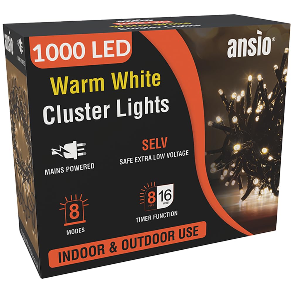 ANSIO® Christmas Lights 1000 LED 12m/39ft Cluster Christmas Tree Lights for Indoor & Outdoor Warm White Decorations Fairy Lights with Timer for Xmas Garden & Party | Mains Powered Green Cable