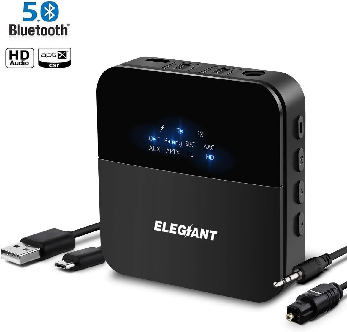 ELEGIANT Bluetooth Transmitter Receiver, Bluetooth 5.0 2-in-1 Mini Adapter AptX-LL&AptX HD Digital Optical Toslink/RCA/AUX Wireless Adapter 20m Range for TV Car Music Sound System HiFi Speaker System