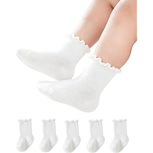 Toddler Girls White Ruffle Socks - Soft Cotton Baby Frilly Ankle Socks 3-5T | 5 Pairs Little Girls School Uniform White Socks