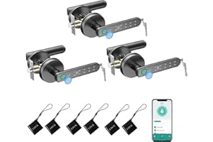 BIWIBON Fingerprint Door Lock, 5 in 1 Smart Door Knob with Smart APP/Fingerprint/IC Cards/Password/Backup Keys, Fingerprint Door Knob with Keypad for Bedroom, Office, Apartment, Black, 3 Pack