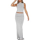 2 Piece Skirt Sets for Women Summer Sleeveless Tank Crop Top Fold Over Bodycon Maxi Long Skirts Y2K Vacation Outfits