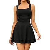 GLNEGE Women's Summer Casual Short Dress Square Neck Sleeveless Mini Ruffle Dresses Ruched Waist Flowy A-line Party Outfits
