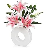 Artificial Flowers in Vase 13" Realistic Fake Lilies Flowers with 3 Heads Full Bloom Tiger Lily Floral Arrangement Pink Faux Flowers for Vase Table Centerpieces Home Wedding Bathroom Office Decor