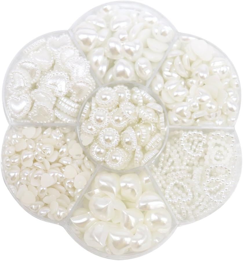 Mix Size Ivory Leaf+Half Round+Drop Pearls Flat Back Jewelry DIY with Compartment Plastic Box(460pcs)